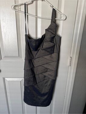 NW Collections, One Shoulder, Iridescent Pleated Cocktail Sheath, Pewter